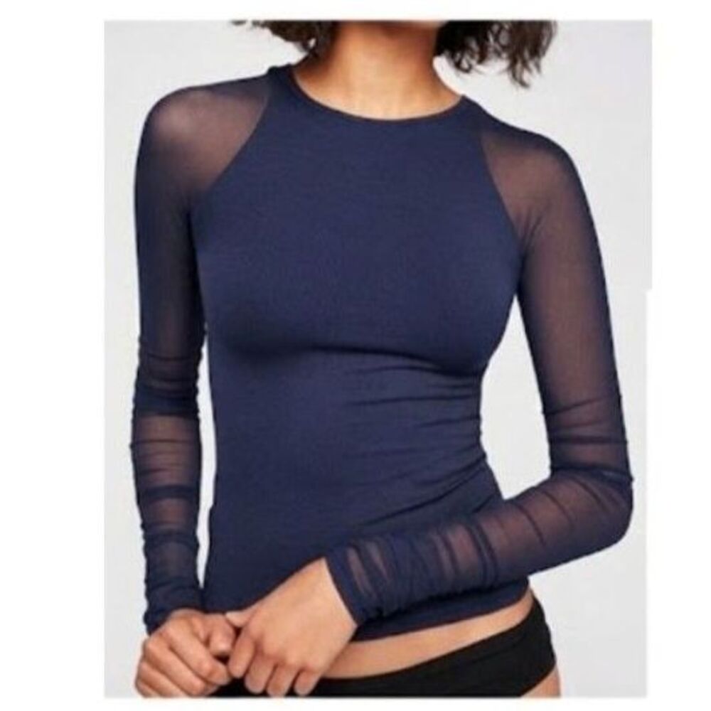Free People Intimately Navy Blue Mesh Sleeve Top Ruched Sz M/L Coquette Boho